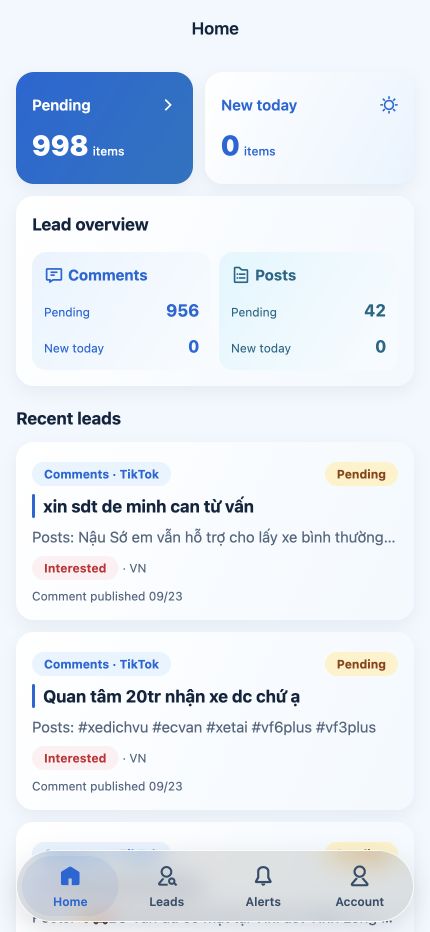 LeadsHunter home screen showing pending follow-up and new leads