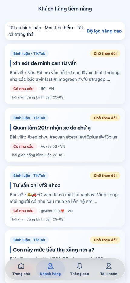 Danh sách khách hàng tiềm năng được giao trong LeadsHunter với bộ lọc ý định, nền tảng và trạng thái chăm sóc
