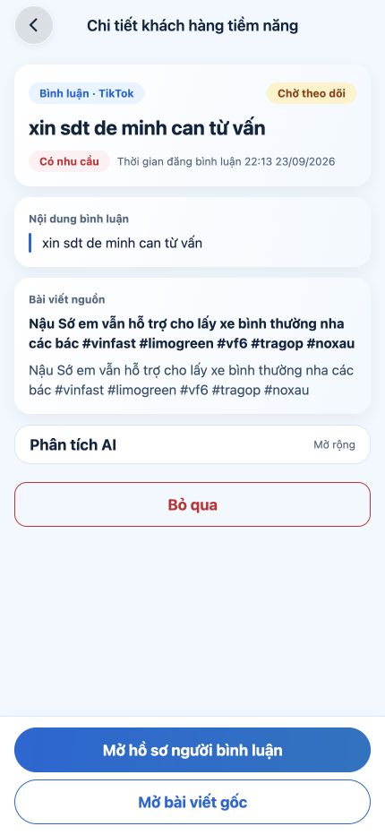Chi tiết khách hàng tiềm năng trong LeadsHunter hiển thị văn bản gốc và bối cảnh nguồn