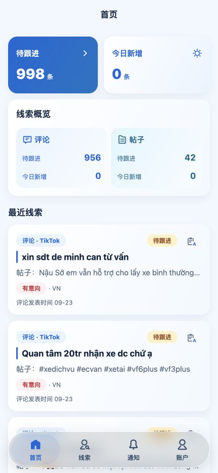 LeadsHunter 首页，展示待跟进与今日新增线索数量