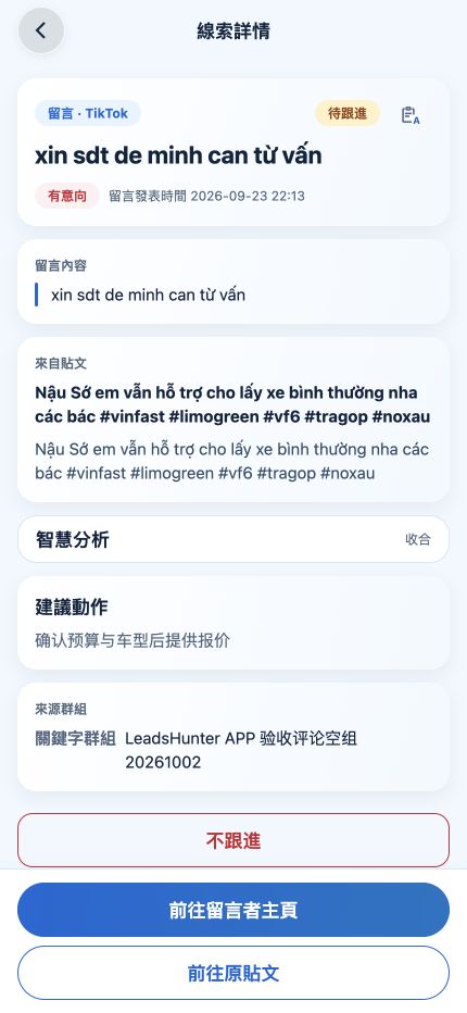LeadsHunter 線索詳情，顯示原始內容與展開的 AI 分析