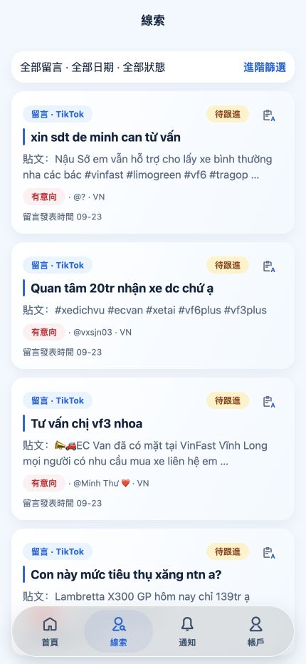 LeadsHunter 已指派線索清單，提供意向、平台與跟進篩選條件